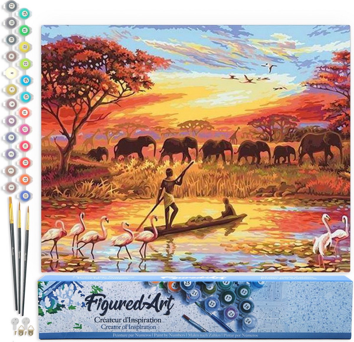 FiguredArt Schilderen op Nummer Volwassenen canvas Zonsondergang met olifanten - Handwerk acrylverf Kit DIY Compleet - 40x50cm zonder frame